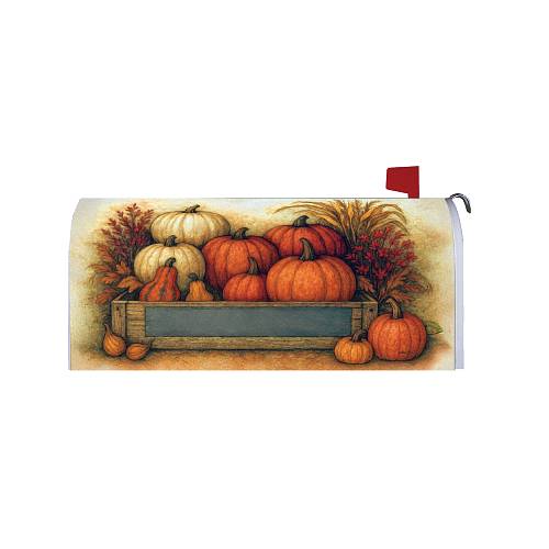 Rustic Pumpkins Fall magnetic mailbox cover with harvest crate of pumpkins and gourds
