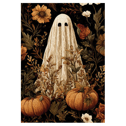 Vintage Ghost standard-size Halloween flag with floral ghost and pumpkins design