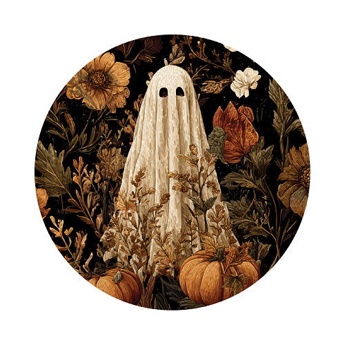 Circular clear PVC sun catcher featuring a vintage-style illustrated ghost surrounded by autumn florals and pumpkins, for Halloween window decor