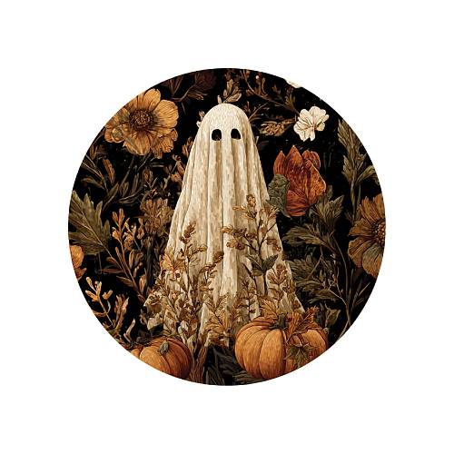 A circular "water clear" PVC Halloween image featuring a ghostly figure in a cream-colored sheet standing amidst autumn foliage, pumpkins, and flowers on a black background.
