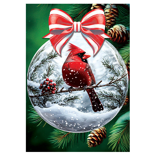 Cardinal Ornament standard size Christmas house flag with red bow and pinecones