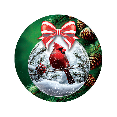 Cardinal Ornament 8 inch translucent Christmas suncatcher with red bow and pinecones