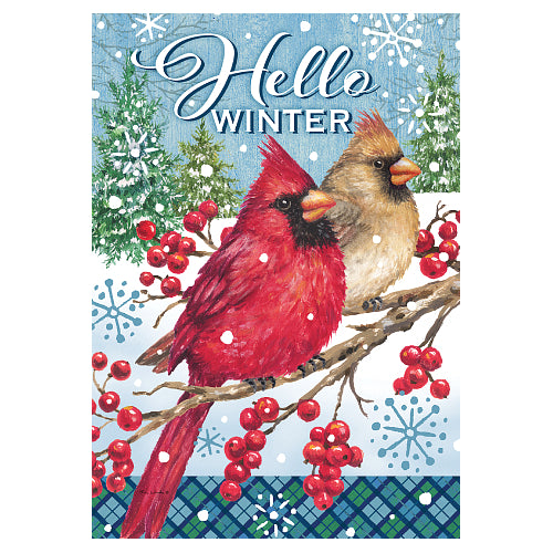 Winter Cardinals standard house flag with red and buff cardinals on a snowy branch
