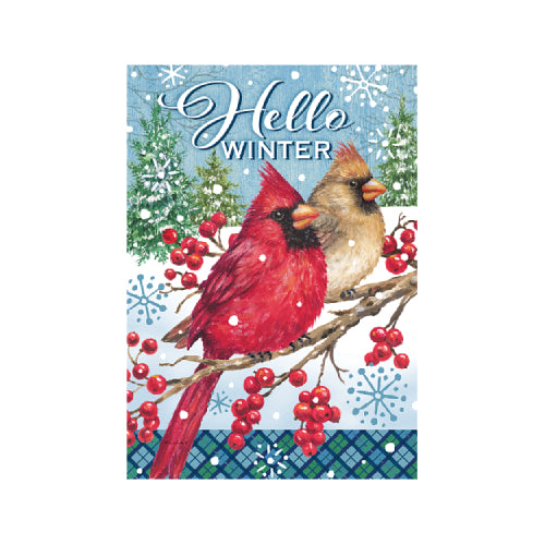 Winter Cardinals garden flag with red and buff cardinals on a snowy branch