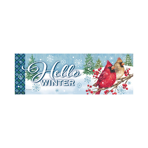 Winter Cardinals Signature Sign yard sign with red and buff cardinals on a snowy branch