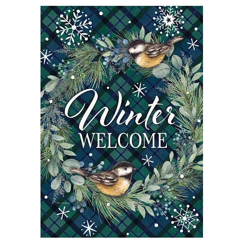 Chickadee Wreath Winter Welcome house flag with plaid background and snowflakes
