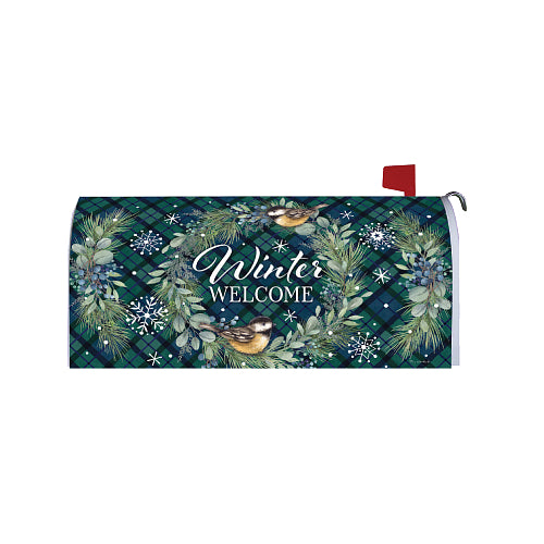 Chickadee Wreath Winter Welcome magnetic mailbox cover with plaid background