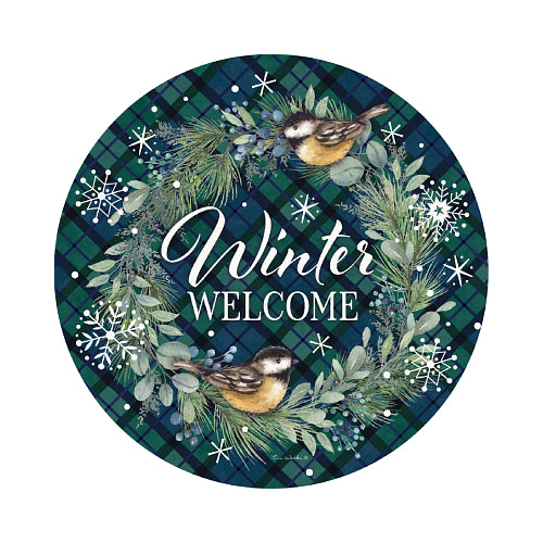 Chickadee Wreath suncatcher with a pine wreath and two chickadees