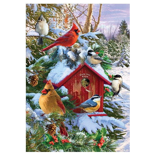Winter Birds house flag with cardinals, chickadees, and a snowy red birdhouse