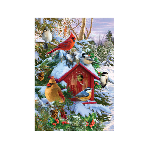 Winter Birds garden flag with cardinals and a snowy red birdhouse