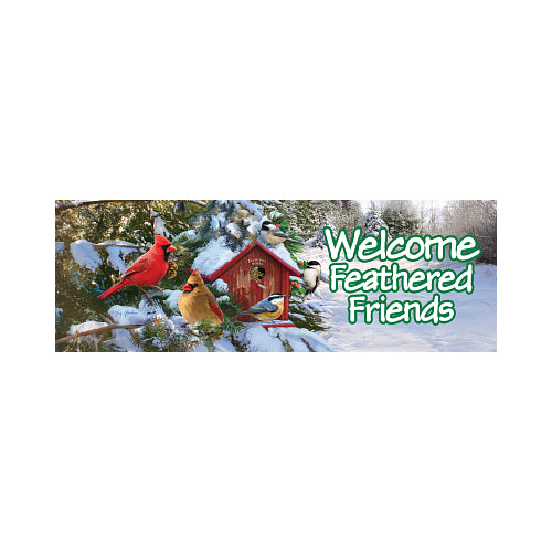 Winter Birds Signature Sign yard sign with cardinals and a snowy birdhouse reading Welcome Feathered Friends