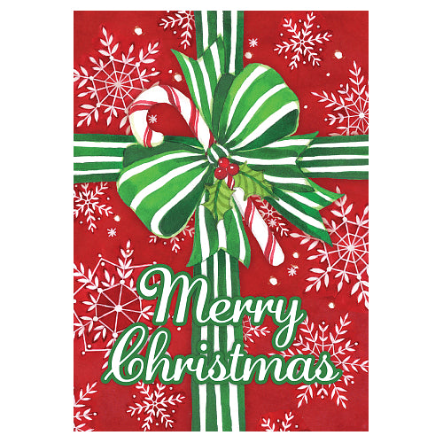 Pretty Present standard size Christmas house flag with red gift-wrap design, 28 x 40 inches