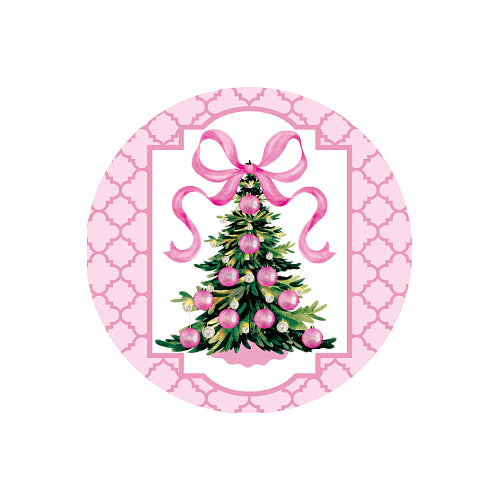 Pink Christmas Tree 8 inch round translucent Christmas suncatcher, pink-ornament fir with bow on pink trellis
