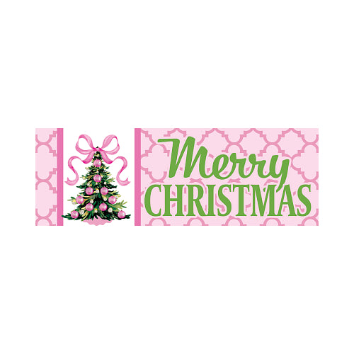 Pink Christmas Tree Signature Sign yard sign, showing a pink-ornament fir and green Merry Christmas script
