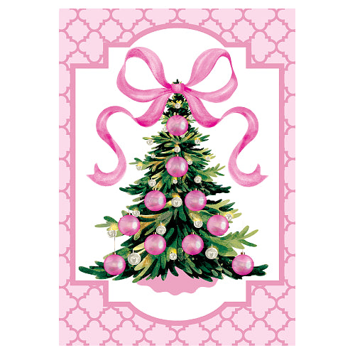 Pink Christmas Tree Christmas house flag 28x40, showing a fir with pink ornaments and bow on pink trellis