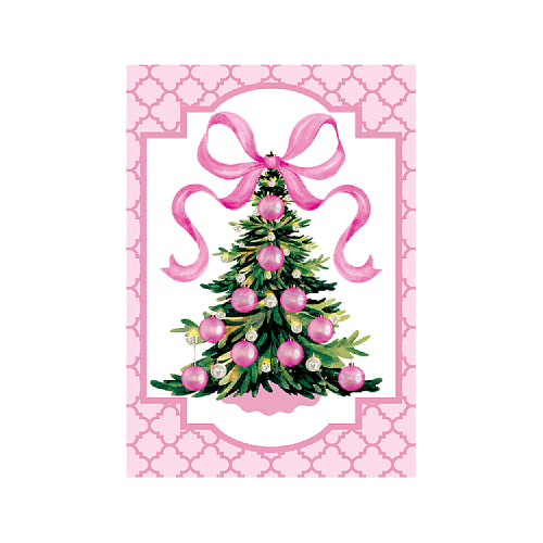 Pink Christmas Tree Christmas garden flag 12x18, showing a fir with pink ornaments and bow on pink trellis
