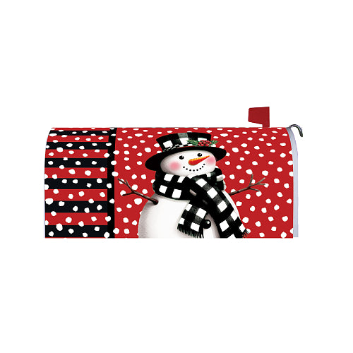 Checkered Snowman buffalo check winter mailbox cover on rural mailbox