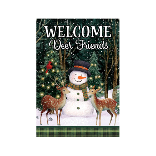 Deer Friends winter welcome garden flag with snowman and fawns for yard display
