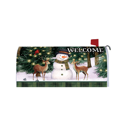 Deer Friends winter welcome mailbox cover with snowman and fawns on rural mailbox