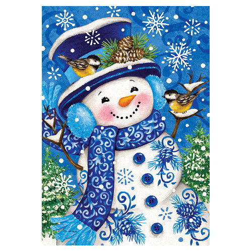 Chinoiserie Snowman winter house flag with chickadees and snowflakes