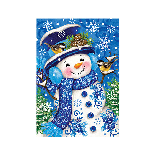 Chinoiserie Snowman winter garden flag with chickadees and pinecones