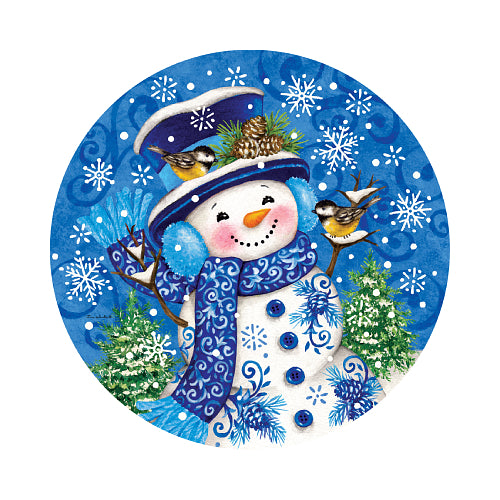 Chinoiserie Snowman suncatcher with a blue-and-white snowman and chickadees