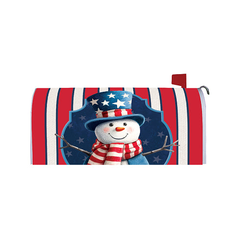 A patriotic-themed mailbox cover featuring a smiling snowman wearing a blue top hat with white stars and a red-and-white striped scarf, set against a red, white, and blue striped background.