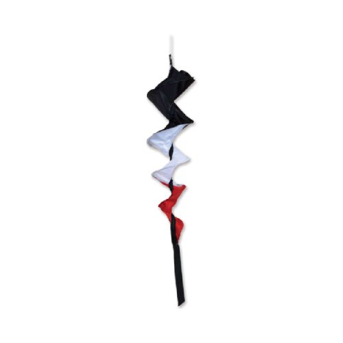 A vertical hanging spiral windsock with alternating black, white, and red zigzag fabric panels