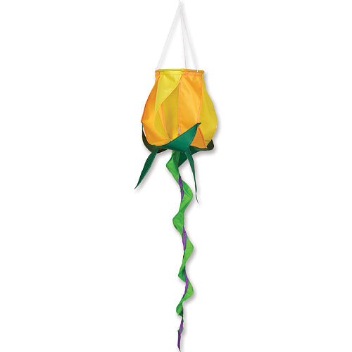 ROSE Spinning Windsock - Yellow rosebud-shaped garden spinner with spiral tail