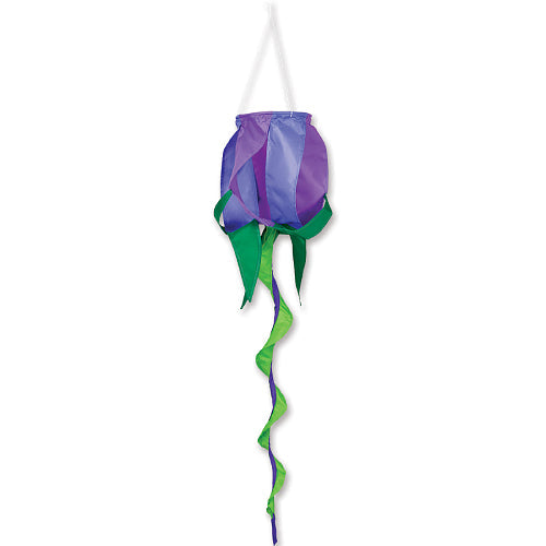 ROSE Spinning Windsock - Purple rosebud-shaped garden spinner with spiral tail