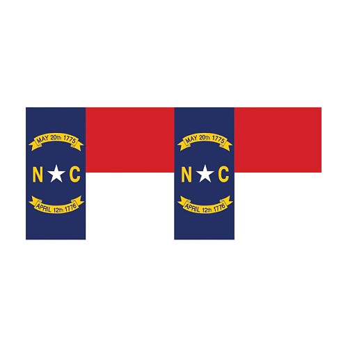 Detail view of the collar of the North Carolina windsock with blue and red stripes and 'NC' emblem.