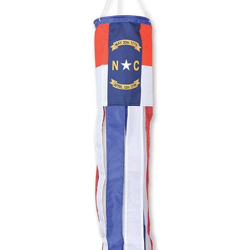 North Carolina state windsock on a white background with red, white and blue tails.