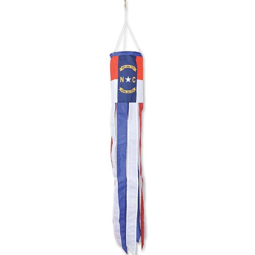North Carolina state flag windsock on a white background with red, with and blue tails.