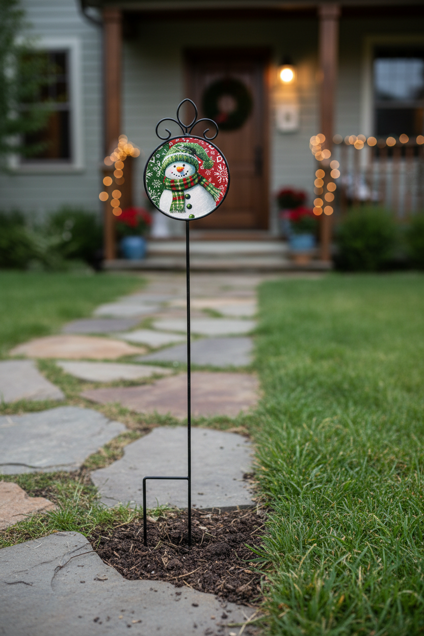 A metal garden stake with an interchangeable Suncatcher at the top featuring a snowman wearing a green hat and scarf against a red and green patterned background.