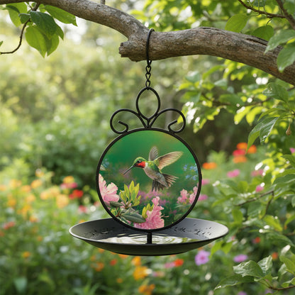 A black metal garden bird bath featuring interchangeable Suncatcher insert featuring a hummingbird and pink flowers.
