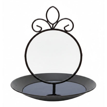 Black metal bird bath frame for interchangeable Suncatchers with an ornate scrollwork top and a shallow matching tray base.