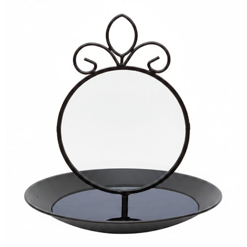 Black metal bird bath frame for interchangeable Suncatchers with an ornate scrollwork top and a shallow matching tray base.