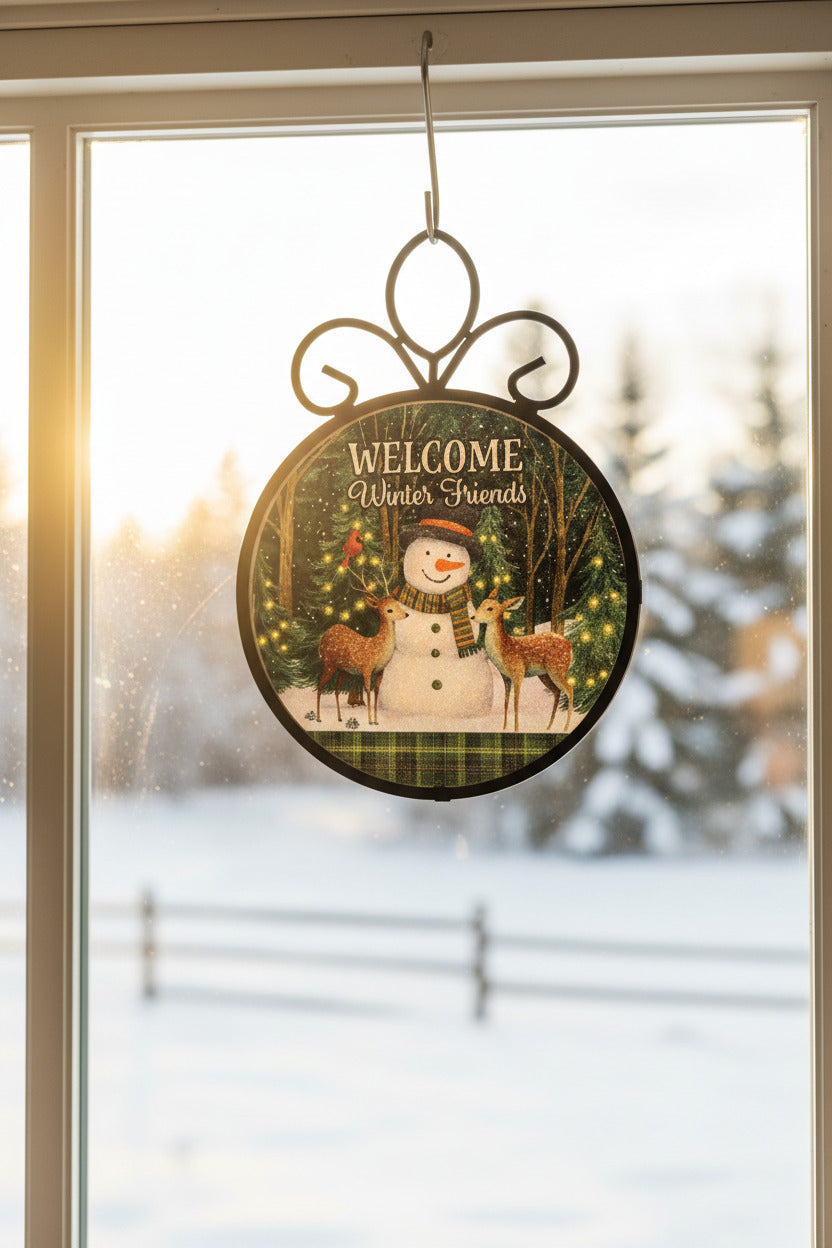 Round winter-themed metal Suncatcher holder with a black scrollwork top handle. Image features an easily installed Suncatcher (not included).