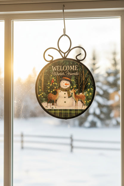 Round winter-themed metal Suncatcher holder with a black scrollwork top handle. Image features an easily installed Suncatcher (not included).