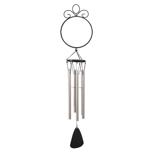 A wind chime with a black metal circular top for interchangeable Suncatchers. Decorative scrollwork, multiple silver-toned hanging tubes, and a black teardrop-shaped striker at the bottom.