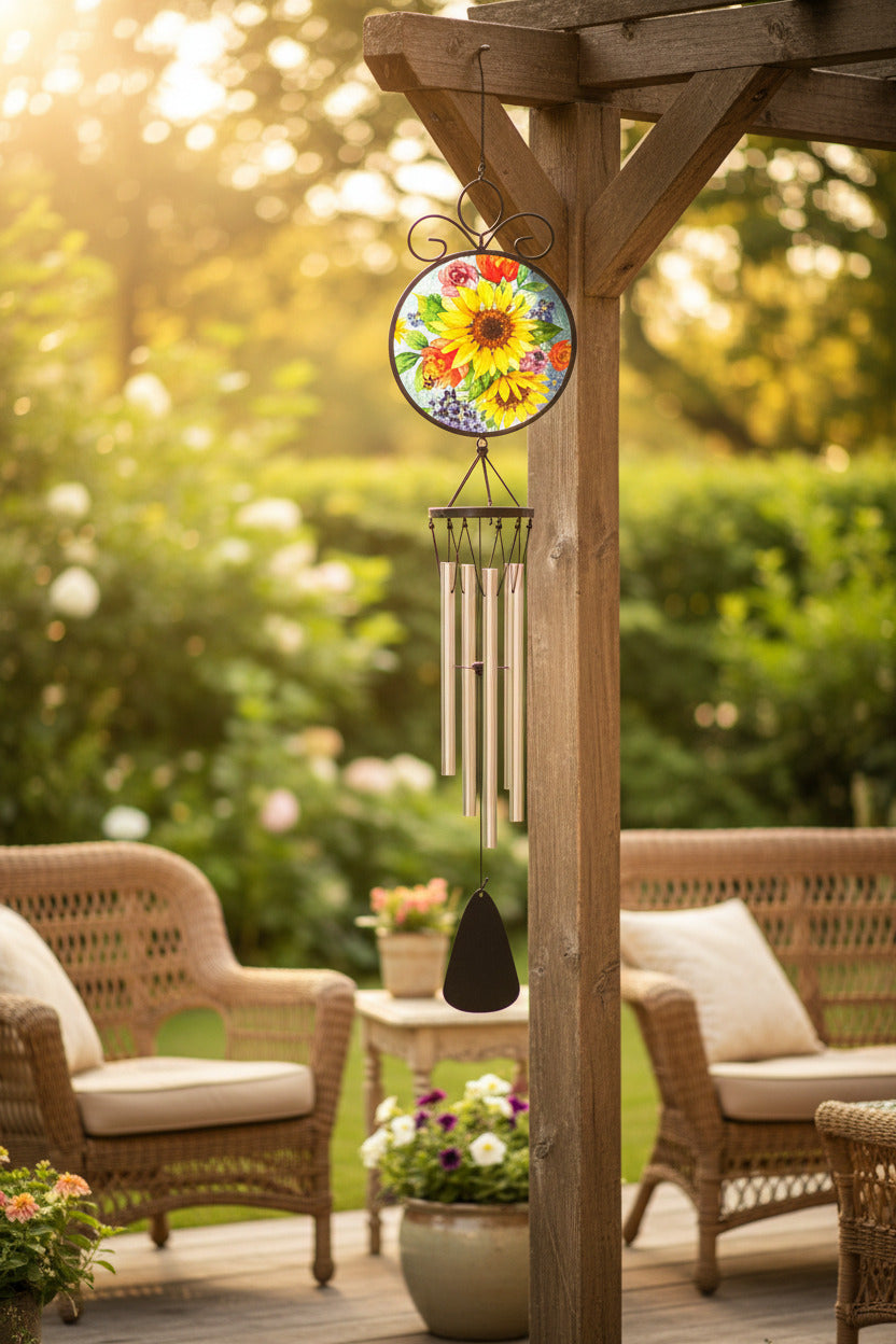 A wind chime with a circular metal top featuring a colorful floral Suncatcher, silver hanging tubes, and a black striker at the bottom, shown on a plain white background.