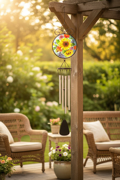 A wind chime with a circular metal top featuring a colorful floral Suncatcher, silver hanging tubes, and a black striker at the bottom, shown on a plain white background.