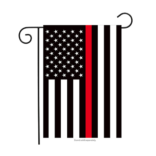 Black and white American flag garden flag with a thin red vertical stripe, known as the Thin Red Line flag, displayed on a decorative metal stand to honor firefighters.