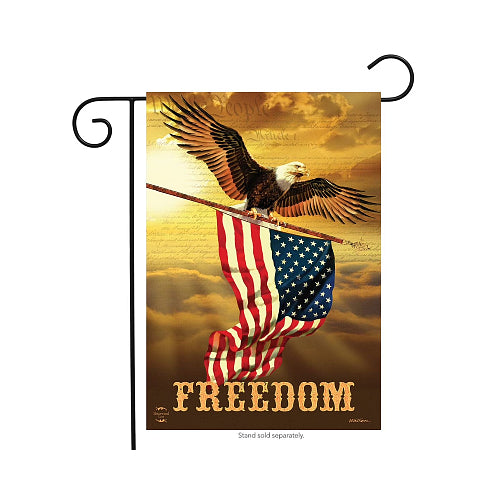 Decorative flag with an eagle holding an American flag and the word 'Freedom' against a cloudy sky background.