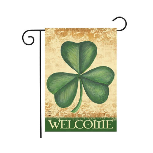 Decorative flag with a shamrock and 'Welcome' text on a beige background.