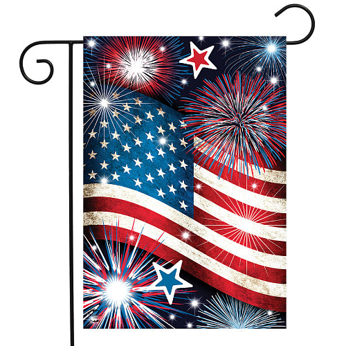 4th of July garden flag with fireworks on a night sky