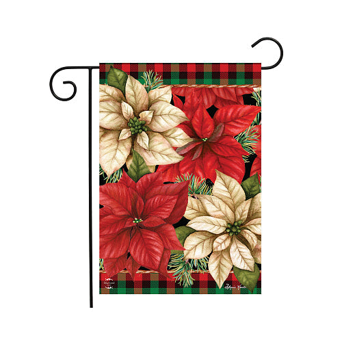 Christmas Poinsettia garden flag with red and cream poinsettias and plaid border