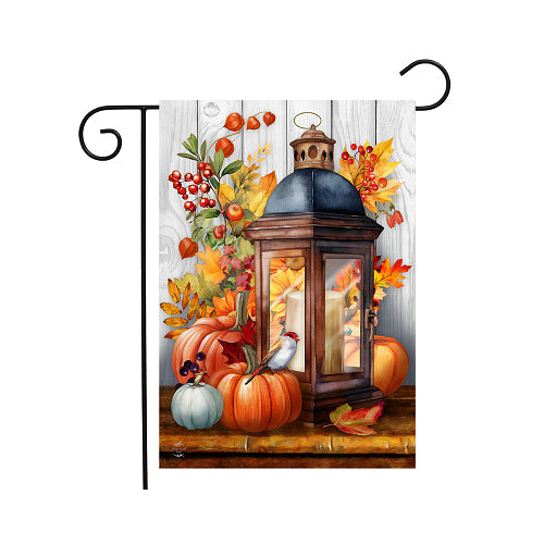 Autumn Lantern fall garden flag with rustic lantern and pumpkins