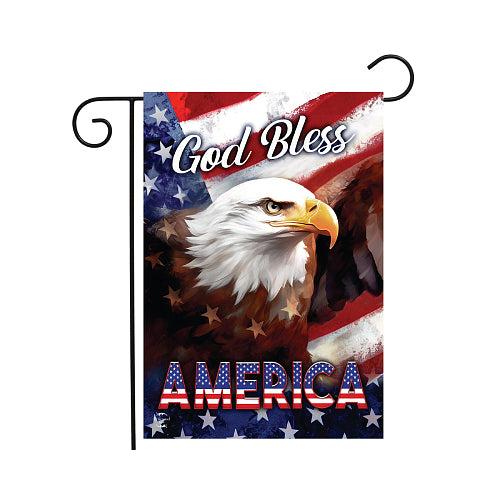 Flag with an eagle and 'God Bless America' text over an American flag background