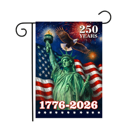 Decorative flag with Statue of Liberty, American flag, and eagle, celebrating 250 years from 1776 to 2026.